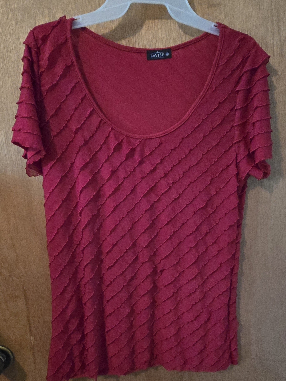 Lavish Magenta Diagonal Ruffle Short Sleeve Scoop Top